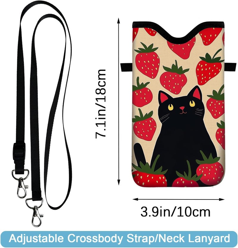 otilil Neoprene Cell Phone Sleeve Pouch Case Bag with Crossbody Strap Neck Lanyard for Women 7.1 X 3.9 in Strawberry Cat - Image 2